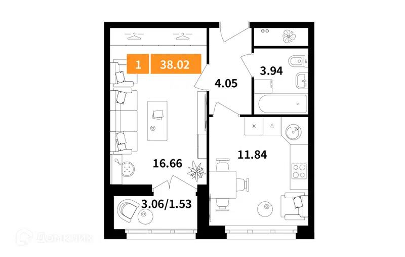 1-комнатная квартира 38.02 м² Планерный квартал
