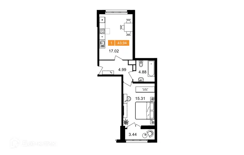 1-комнатная квартира 43.94 м² Планерный квартал