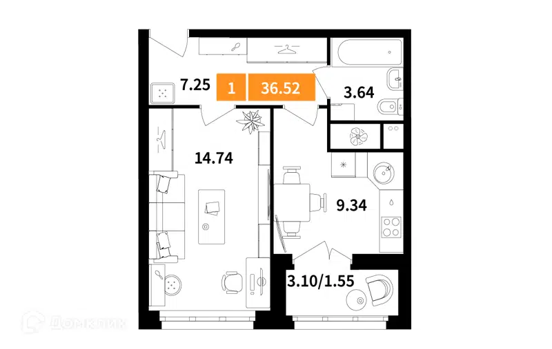 1-комнатная квартира 36.52 м² Планерный квартал