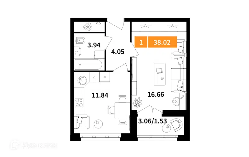 1-комнатная квартира 38.02 м² Планерный квартал