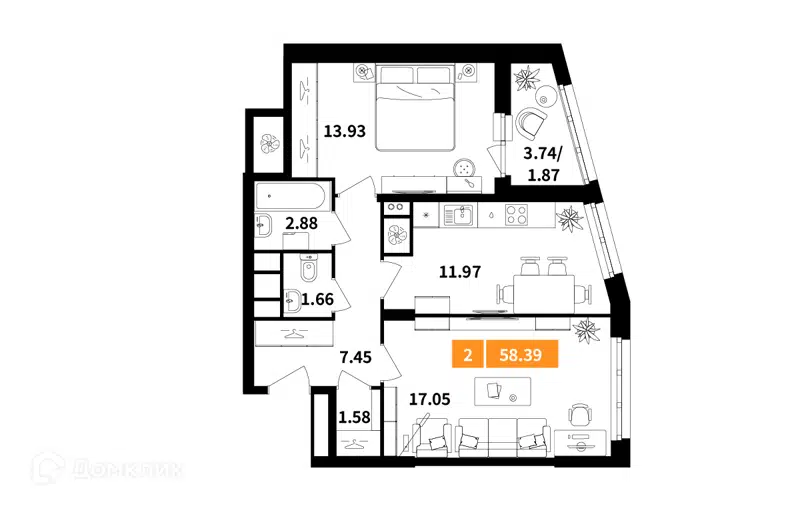 2-комнатная квартира 58.39 м² Планерный квартал