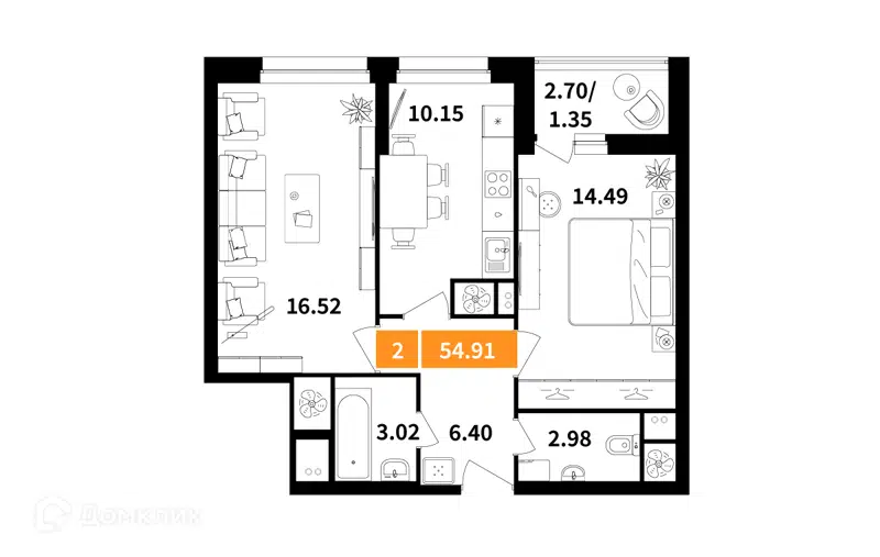 2-комнатная квартира 54.91 м² Планерный квартал