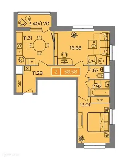 2-комнатная квартира 58.58 м² Планерный квартал