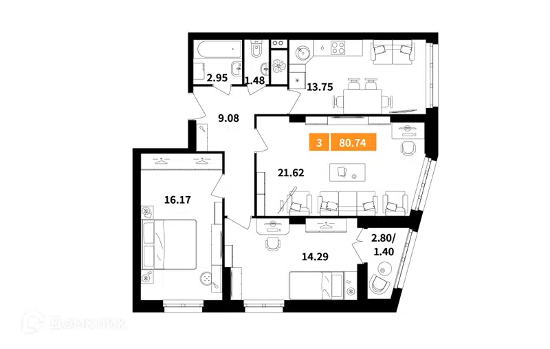 3-комнатная квартира 80.74 м² Планерный квартал