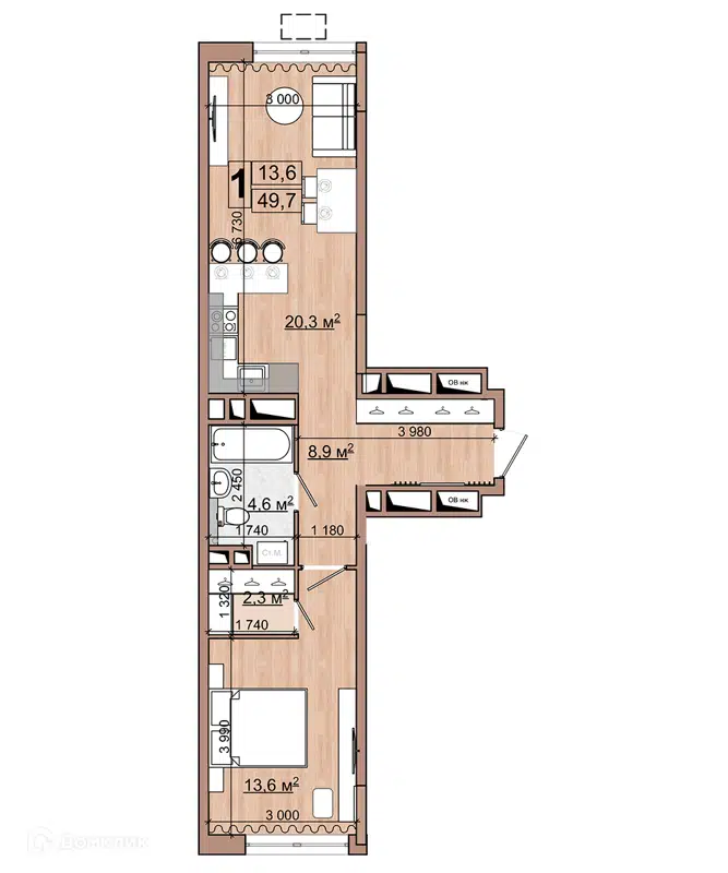 1-комнатная квартира 49.7 м² Гранд Комфорт