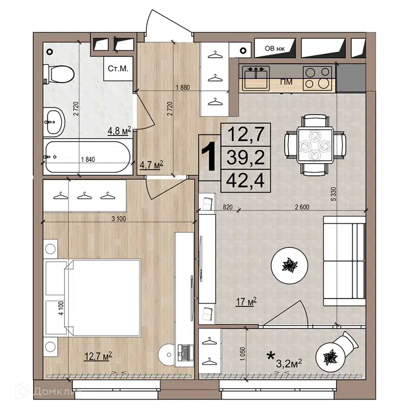1-комнатная квартира 42.4 м² Гранд Комфорт