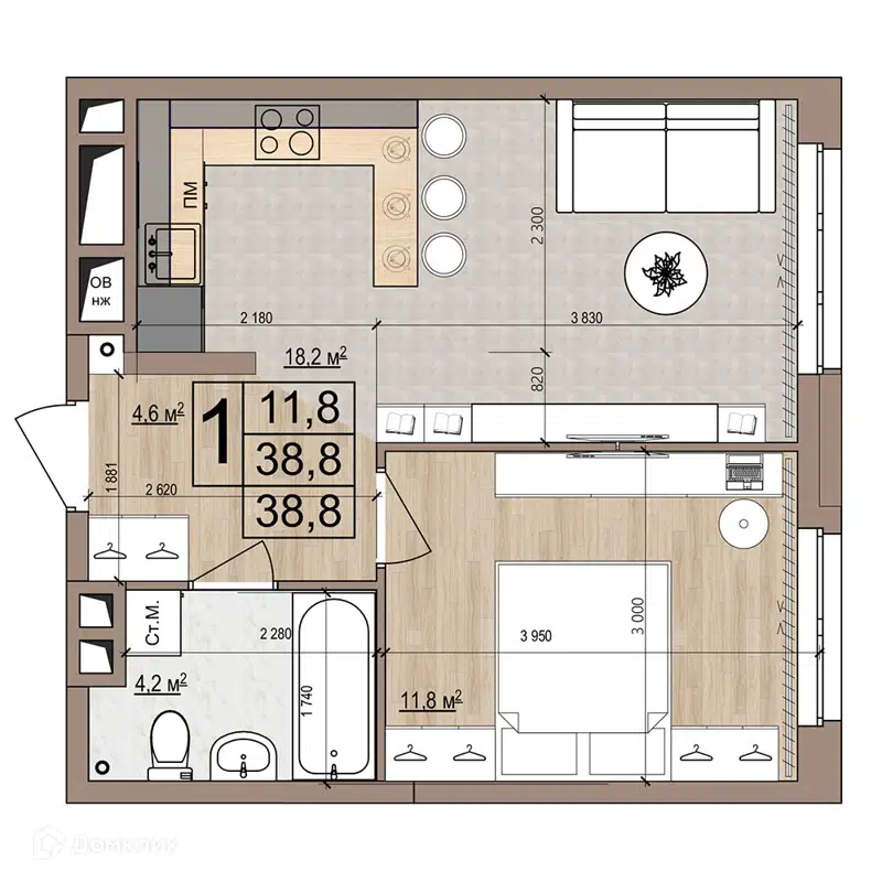 1-комнатная квартира 38.8 м² Гранд Комфорт