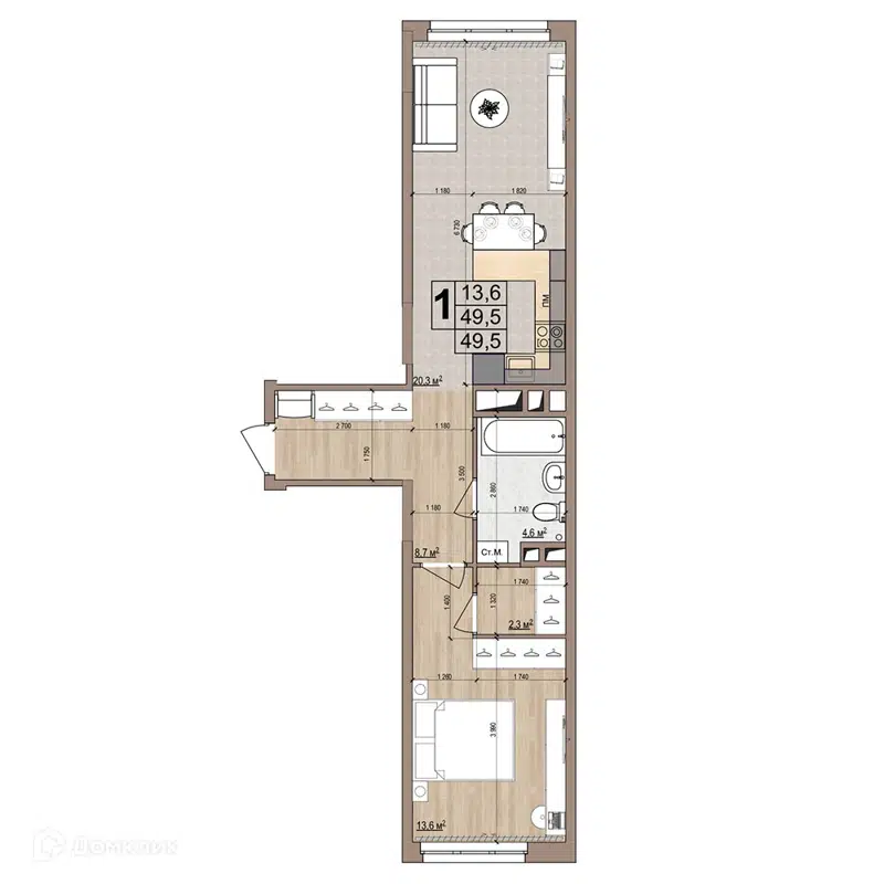1-комнатная квартира 49.5 м² Гранд Комфорт