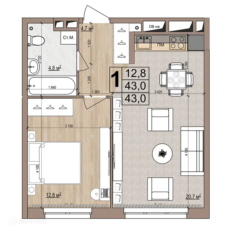 1-комнатная квартира 43 м² Гранд Комфорт