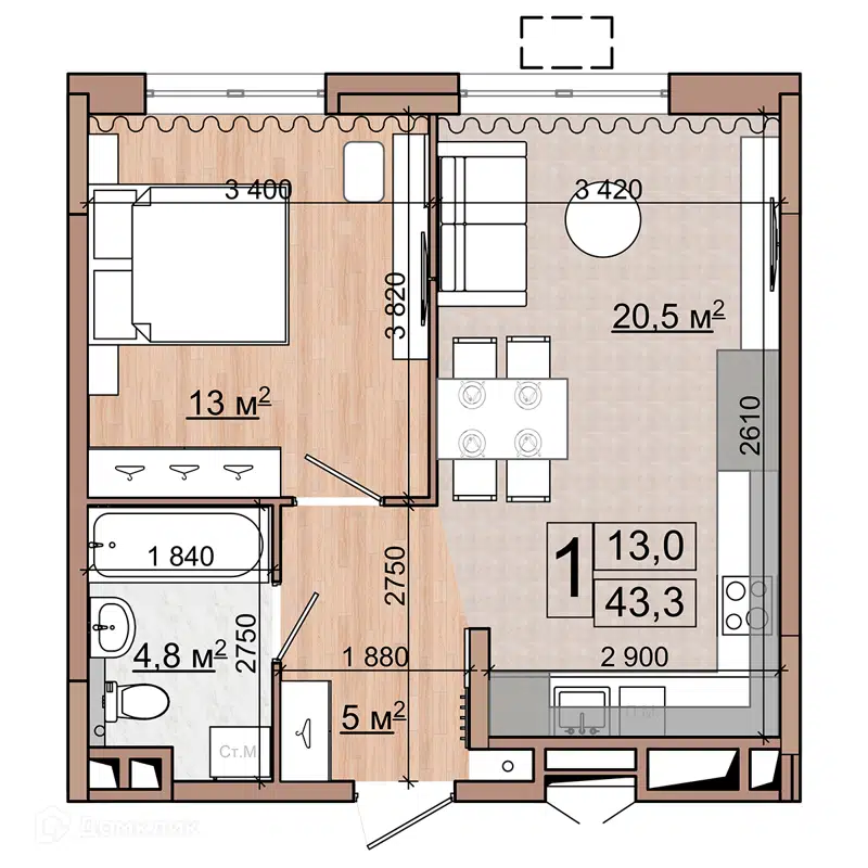 1-комнатная квартира 43.3 м² Гранд Комфорт