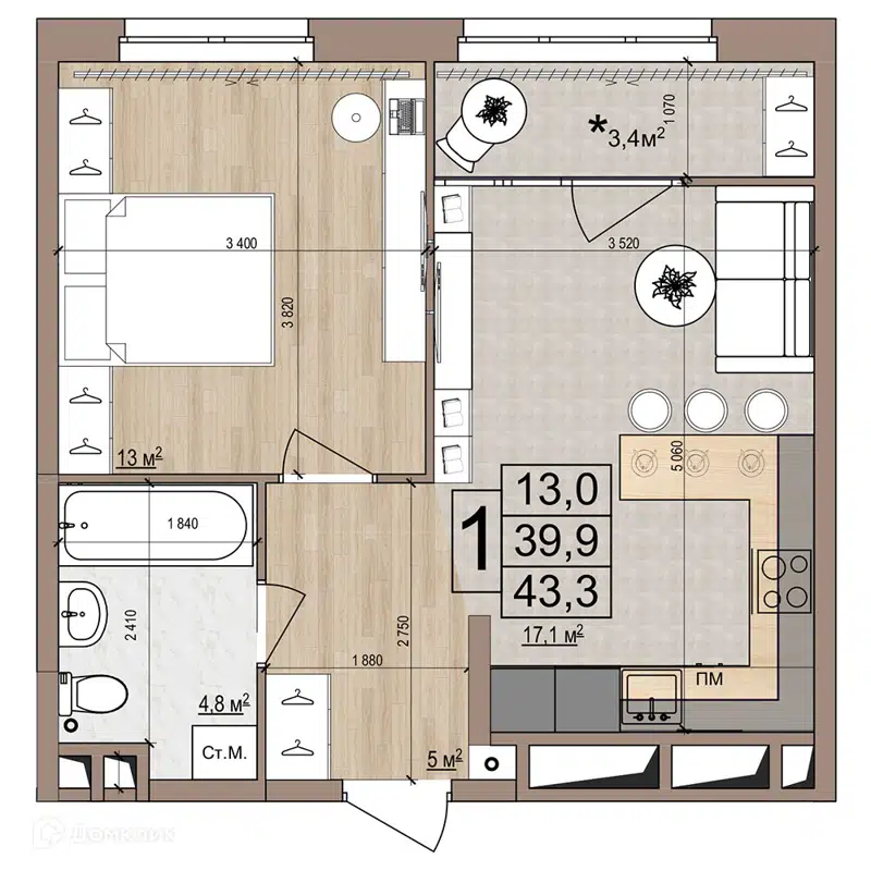 1-комнатная квартира 43.3 м² Гранд Комфорт