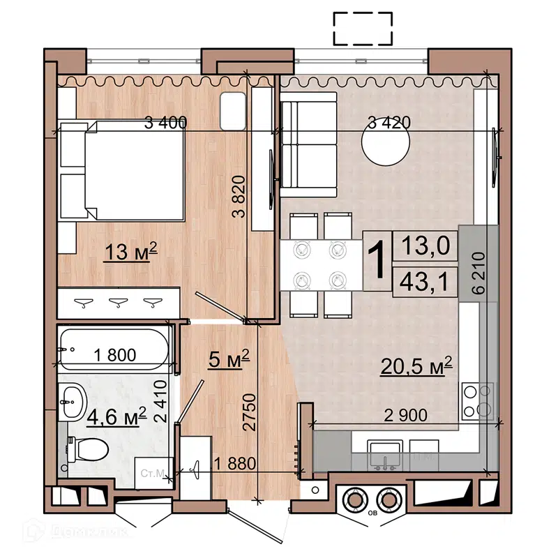 1-комнатная квартира 43.1 м² Гранд Комфорт