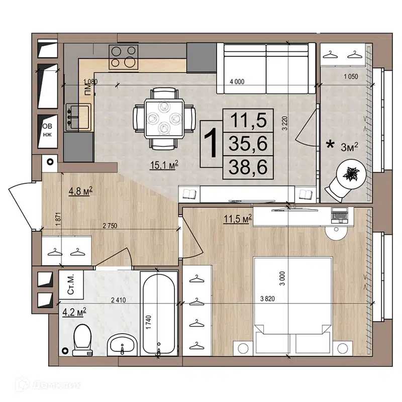 1-комнатная квартира 38.6 м² Гранд Комфорт