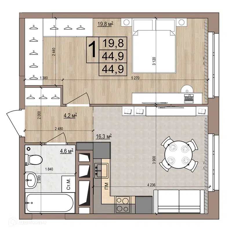 1-комнатная квартира 44.9 м² Гранд Комфорт