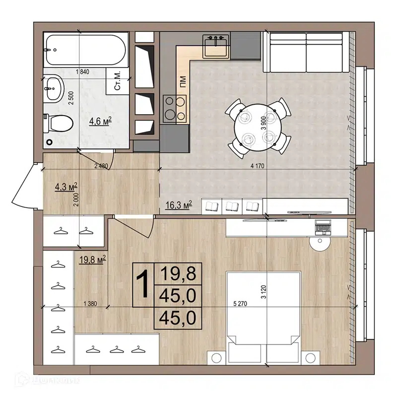 1-комнатная квартира 45 м² Гранд Комфорт