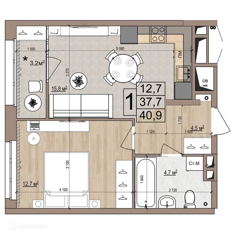 1-комнатная квартира 40.9 м² Гранд Комфорт