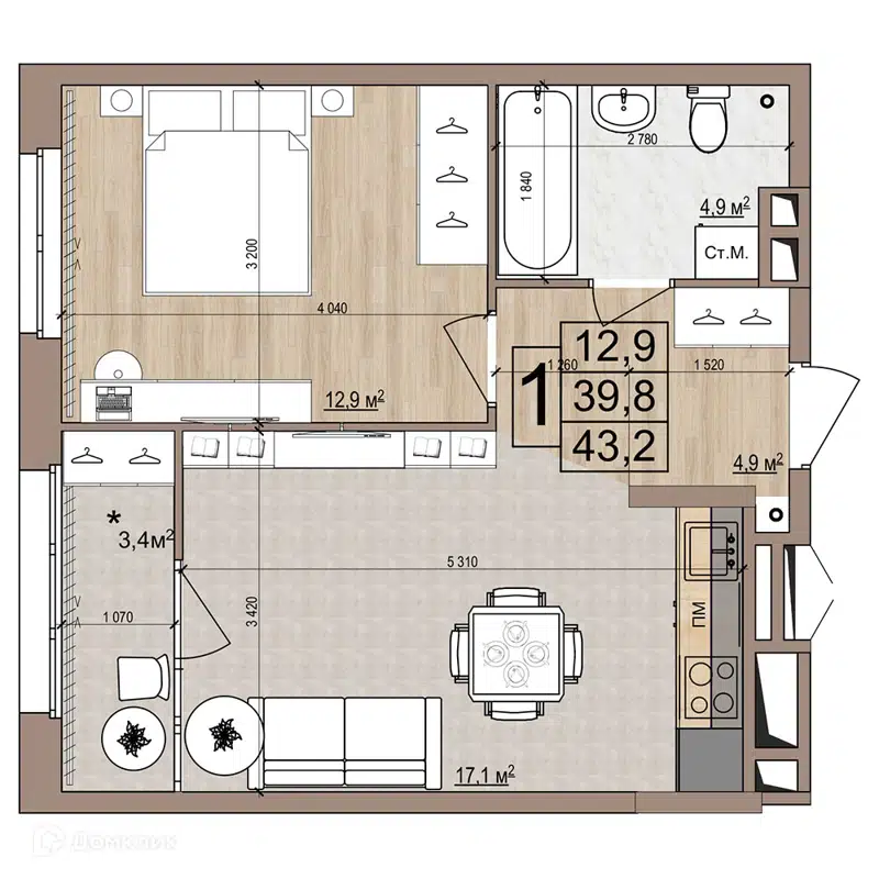 1-комнатная квартира 43.2 м² Гранд Комфорт