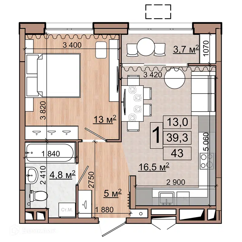 1-комнатная квартира 43 м² Гранд Комфорт