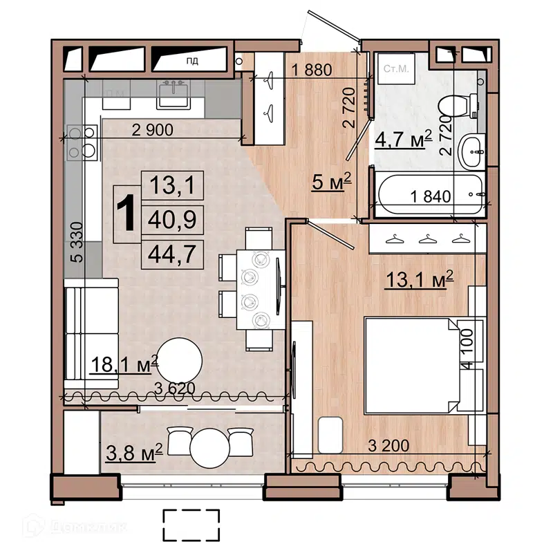 1-комнатная квартира 44.7 м² Гранд Комфорт