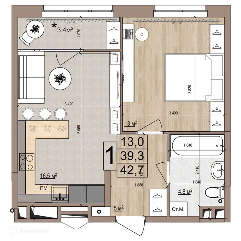 1-комнатная квартира 42.7 м² Гранд Комфорт