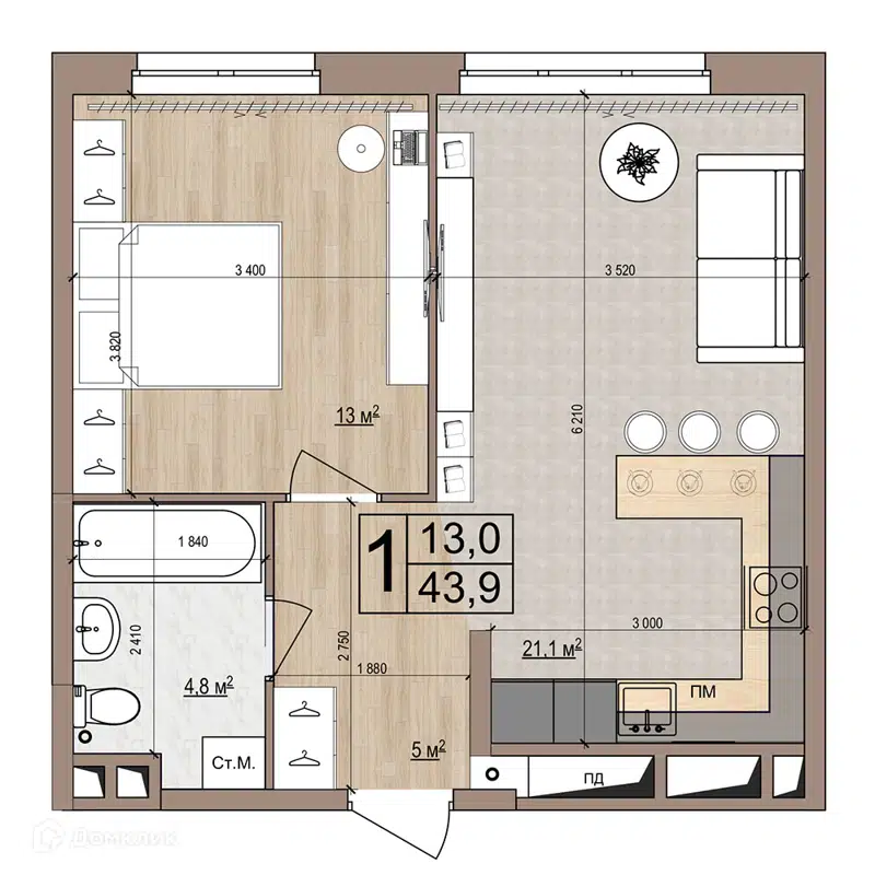 1-комнатная квартира 43.9 м² Гранд Комфорт