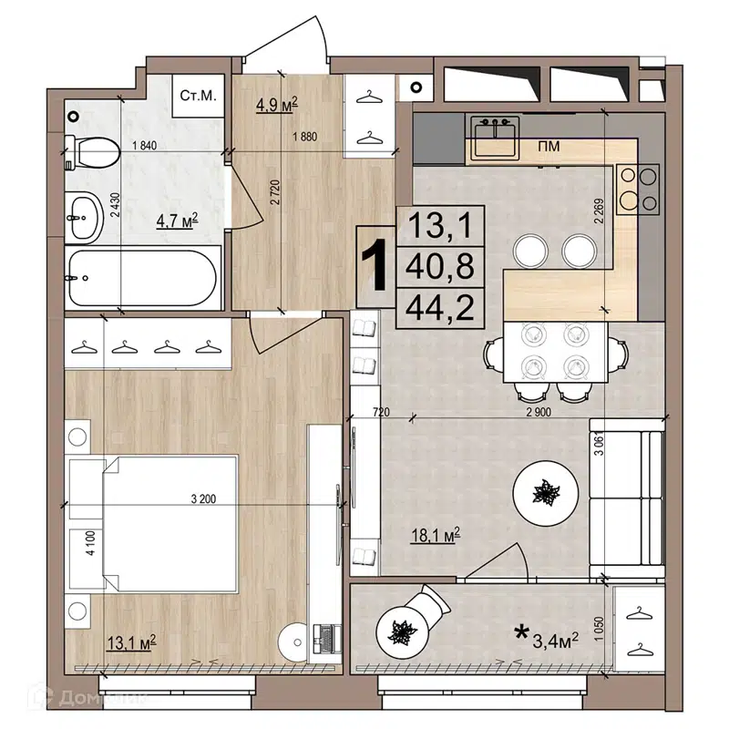 1-комнатная квартира 44.2 м² Гранд Комфорт