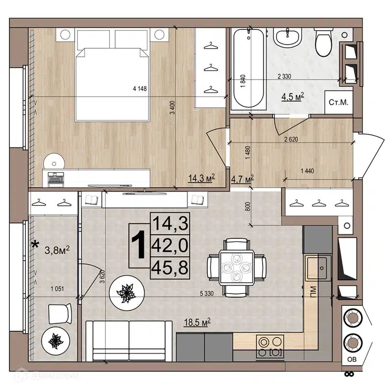 1-комнатная квартира 45.8 м² Гранд Комфорт