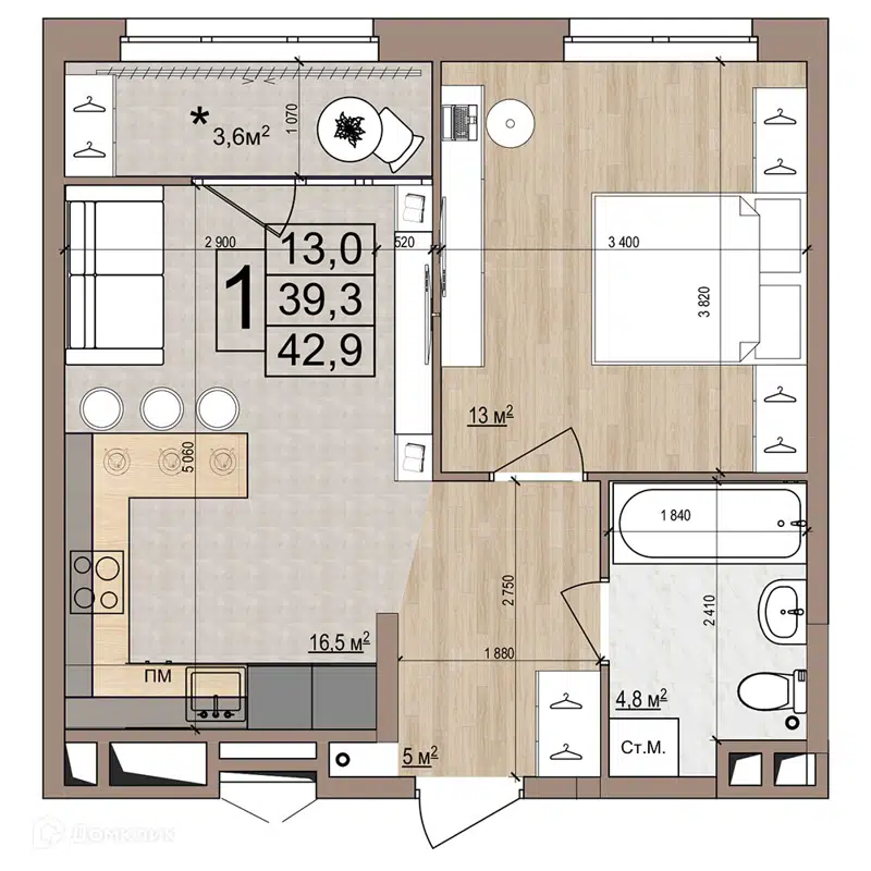 1-комнатная квартира 42.9 м² Гранд Комфорт
