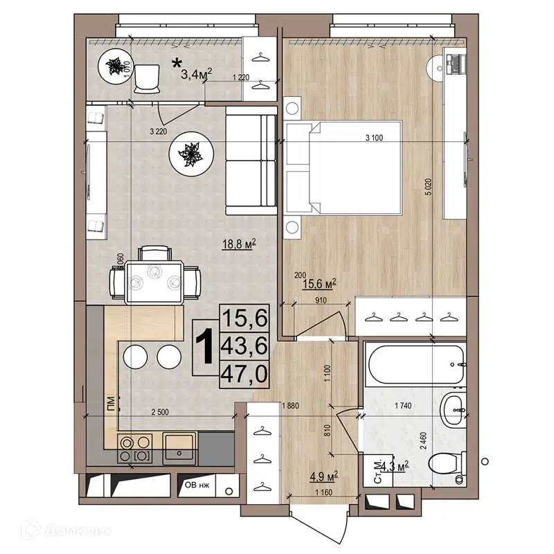 1-комнатная квартира 47 м² Гранд Комфорт