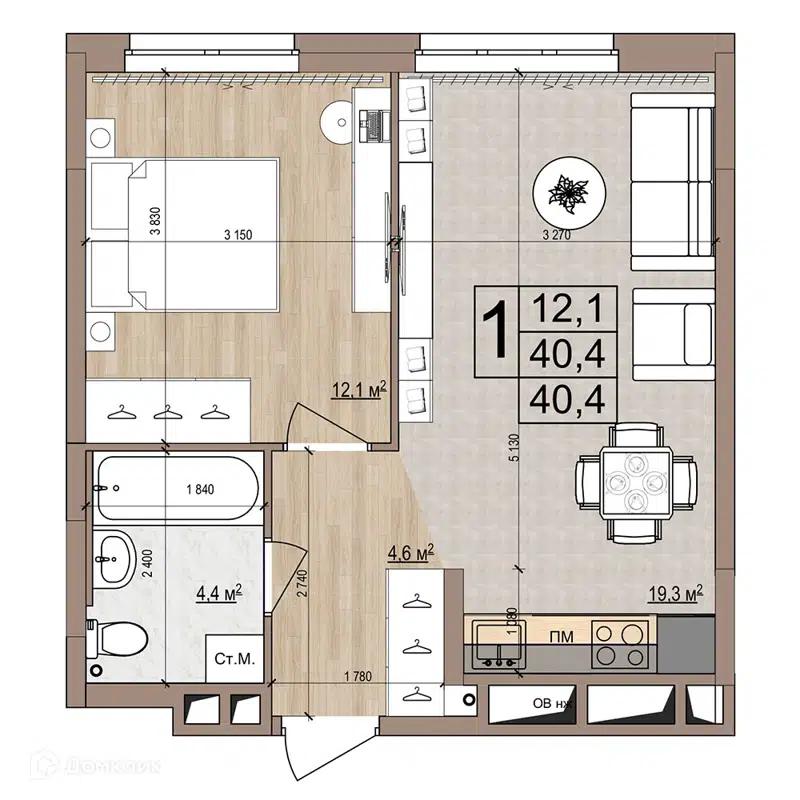 1-комнатная квартира 40.4 м² Гранд Комфорт