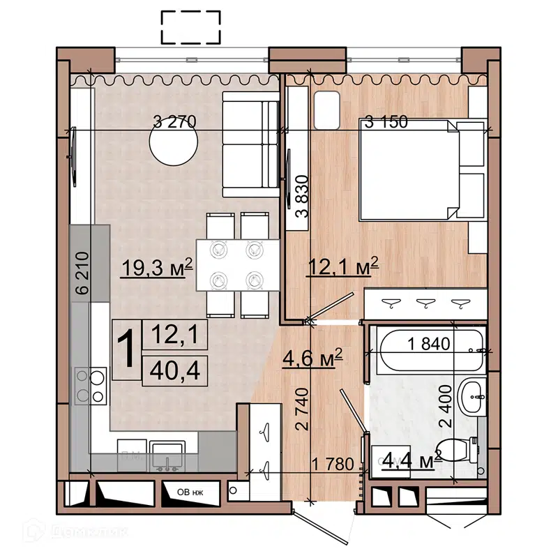 1-комнатная квартира 40.4 м² Гранд Комфорт