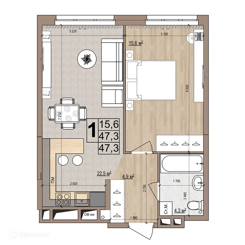1-комнатная квартира 47.3 м² Гранд Комфорт