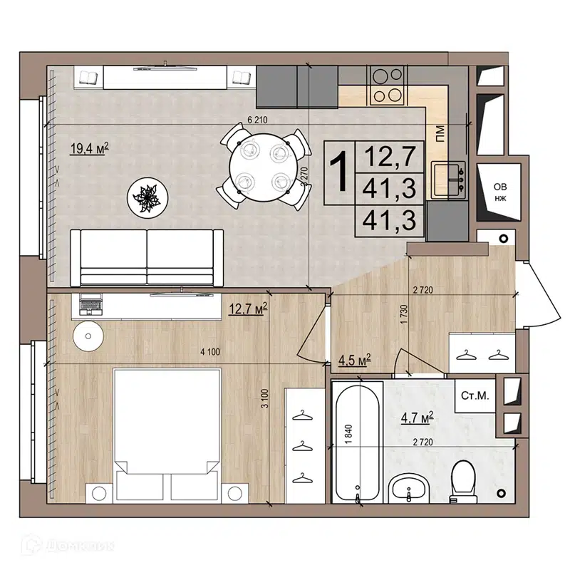 1-комнатная квартира 41.3 м² Гранд Комфорт