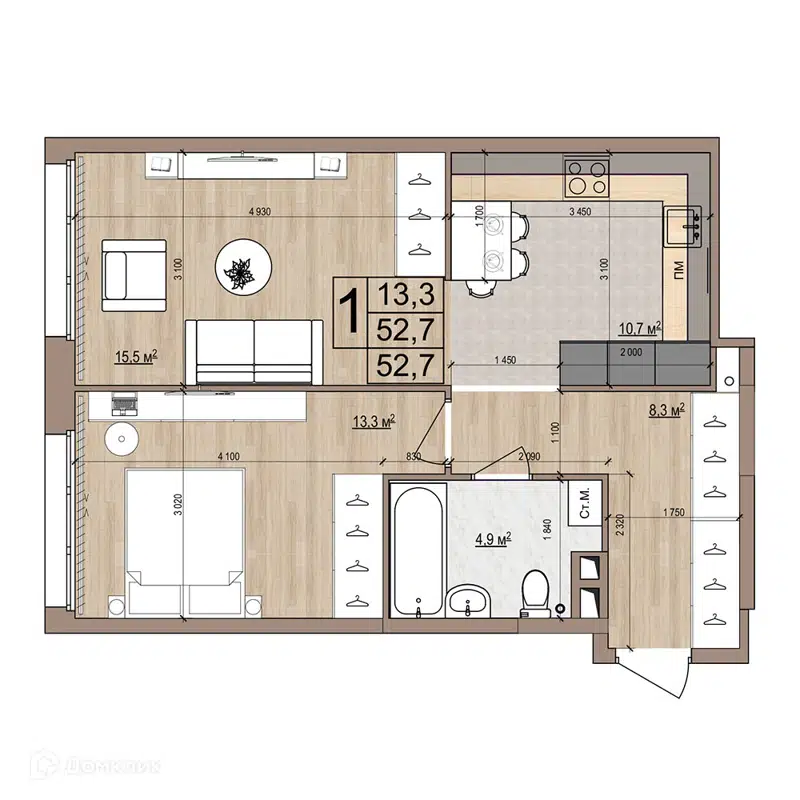 1-комнатная квартира 52.7 м² Гранд Комфорт