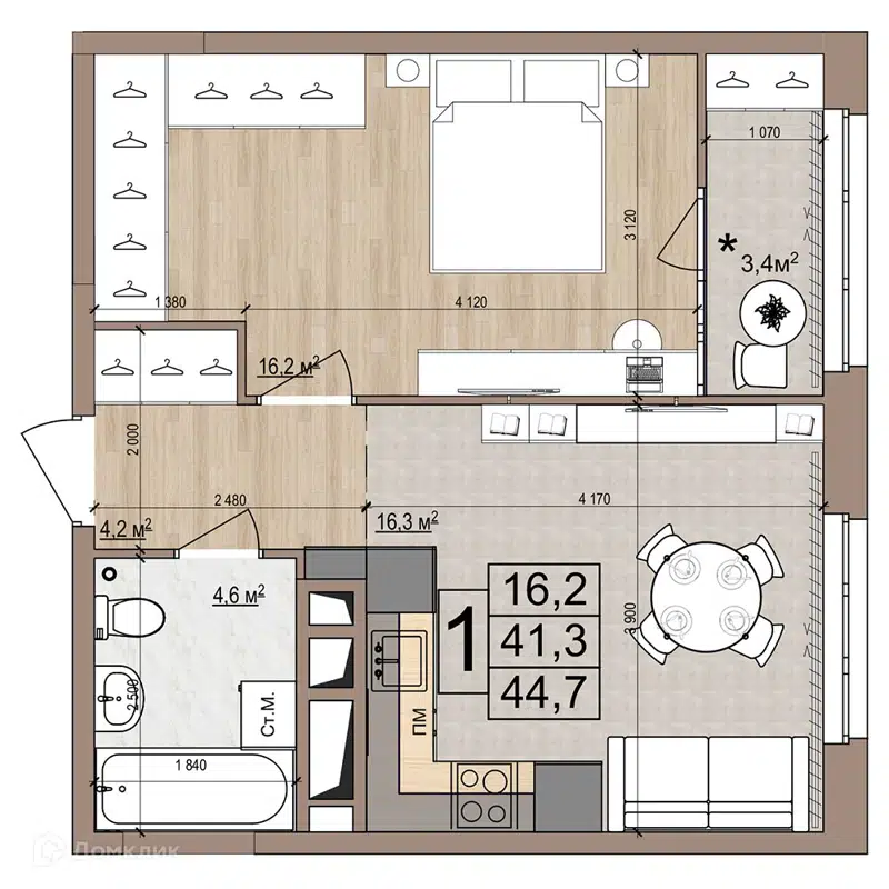 1-комнатная квартира 44.7 м² Гранд Комфорт