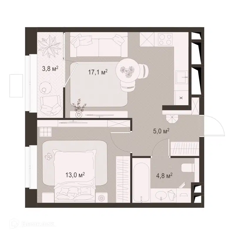 1-комнатная квартира 43.7 м² Гранд Комфорт