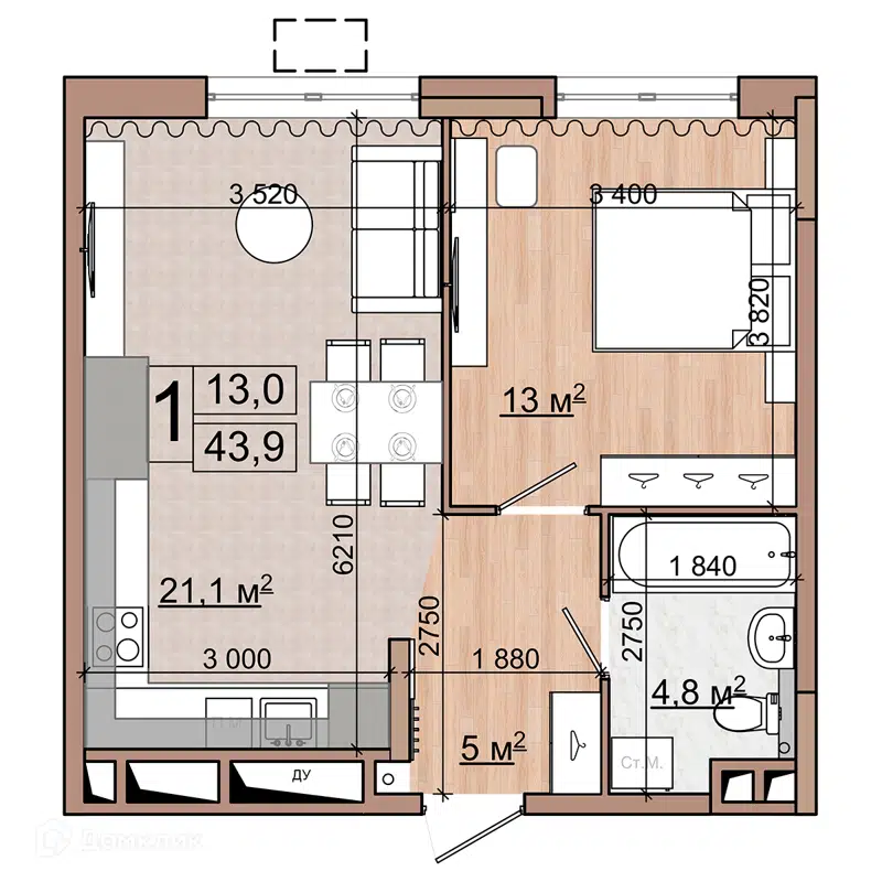 1-комнатная квартира 43.9 м² Гранд Комфорт