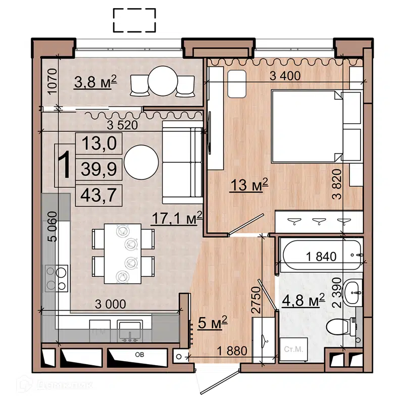 1-комнатная квартира 43.7 м² Гранд Комфорт