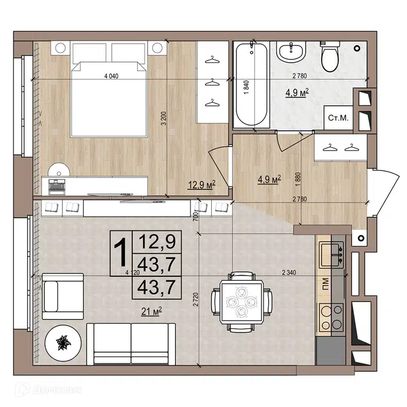 1-комнатная квартира 43.7 м² Гранд Комфорт