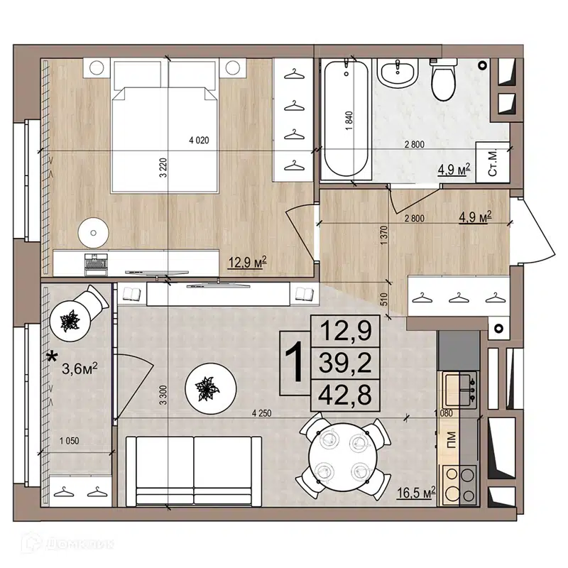 1-комнатная квартира 42.8 м² Гранд Комфорт