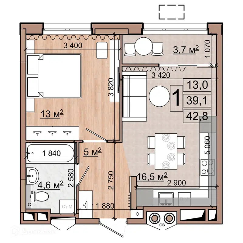 1-комнатная квартира 42.8 м² Гранд Комфорт