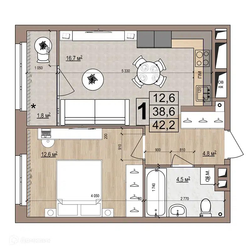 1-комнатная квартира 42.2 м² Гранд Комфорт