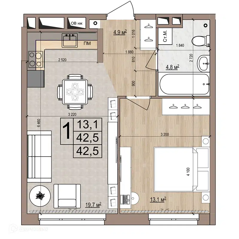1-комнатная квартира 42.5 м² Гранд Комфорт
