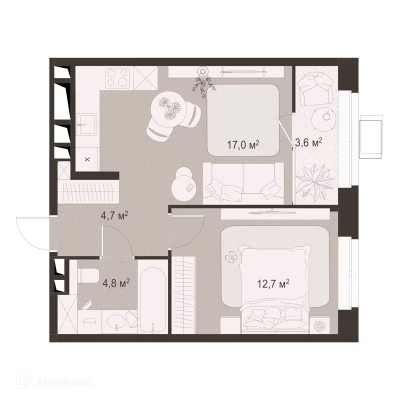 1-комнатная квартира 42.8 м² Гранд Комфорт