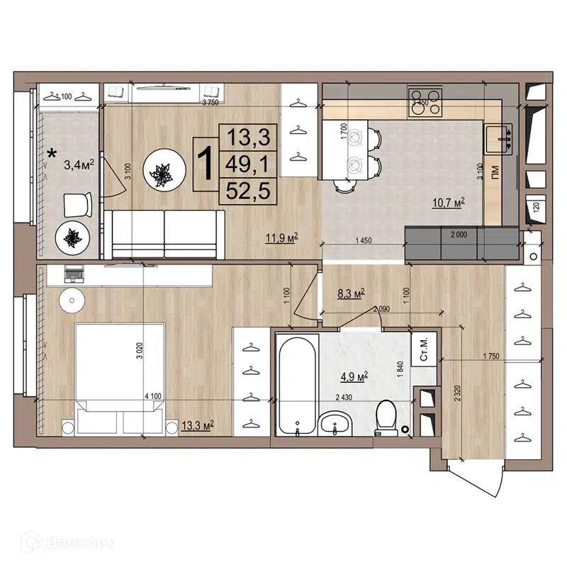 1-комнатная квартира 52.5 м² Гранд Комфорт