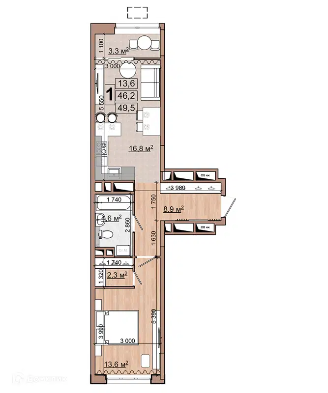 1-комнатная квартира 49.5 м² Гранд Комфорт