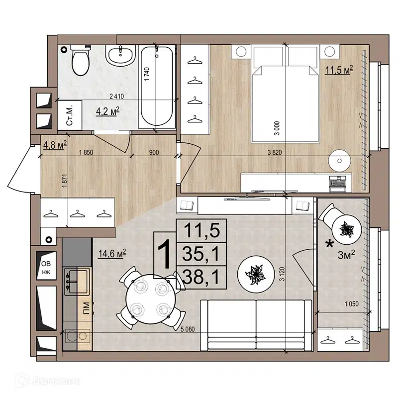 1-комнатная квартира 38.1 м² Гранд Комфорт