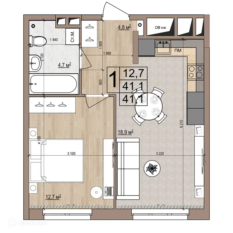 1-комнатная квартира 41.1 м² Гранд Комфорт