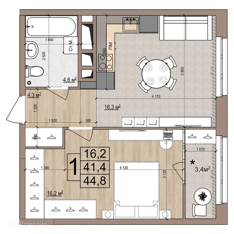 1-комнатная квартира 44.8 м² Гранд Комфорт