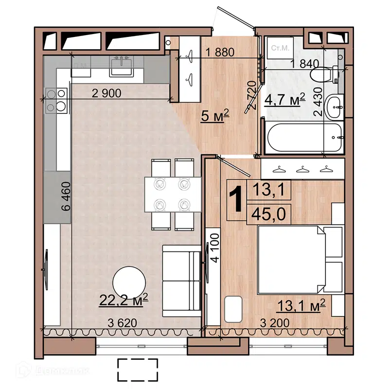 1-комнатная квартира 45 м² Гранд Комфорт